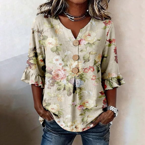 Women Tshirts Floral Pattern Elbow-Length Sleeve Notch V Neck Soft Top Womens Tees Beige M