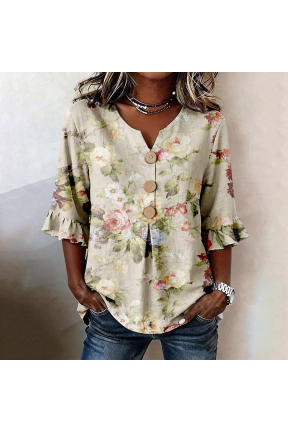 Women Tshirts Floral Pattern Elbow-Length Sleeve Notch V Neck Soft Top Womens Tees Beige M