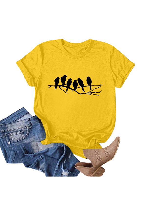 Women Tshirts Leisure Bird Printed Round Neck Short Sleeve Top Comfortable Womens Tops Yellow M