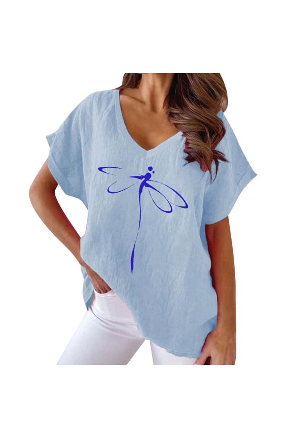 Women Tshirts Loose Fit Short Sleeve V Neck Drop Shoulder Top with Dragonfly Print Women's Tops, Tees & Blouses Blue M