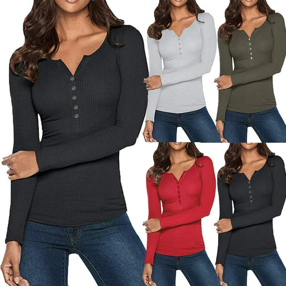Women Tshirts Loose Fit V Neck Button Down Shirts Long Sleeve Tees Solid Blouse Breathbale Plus Size Shirts Grey XXL