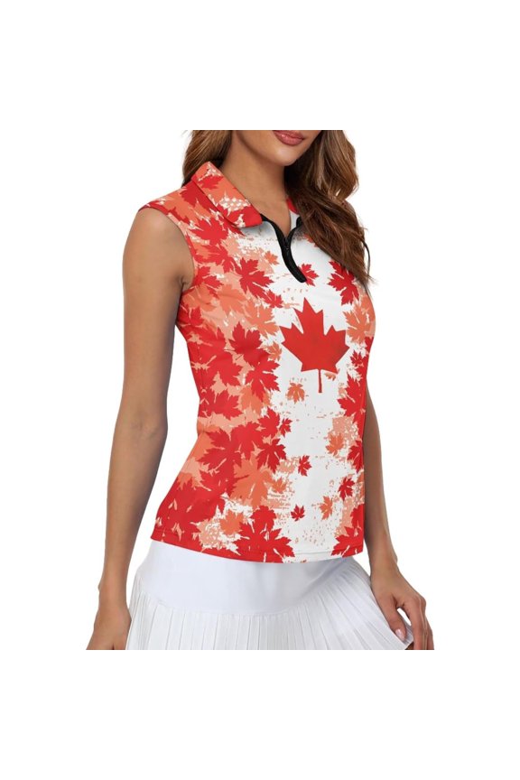 Women Tshirts Maple Leaf Pattern Printed Turn Down Collar Sleeveless Zip Trendy Knit Top Women's Tops