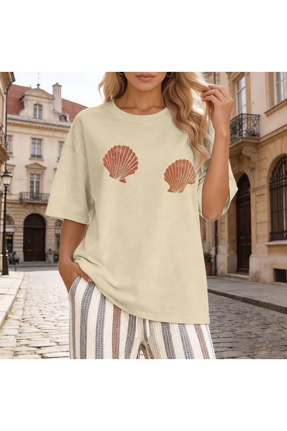 Tshirts Shirts for Women Seashell Print Short Sleeve Crew Neck Top Casual Womens Tees Beige XL
