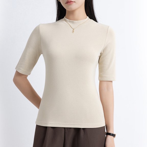 Women Tshirts Slim Fit Solid Color Elbow-Length Sleeve Crew Neck Top Soft Tee Shirts Womens Beige M