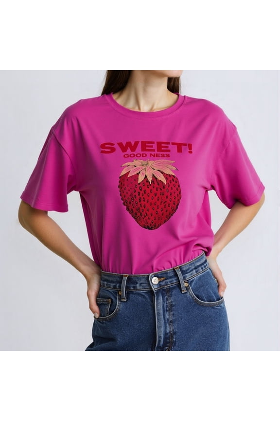 Women Tshirts Strawberry Print Round Neck Short Sleeve Top Floral Retro Women Blouses Hot Pink L