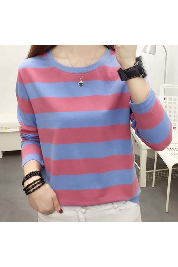 Women Tshirts Striped Long Sleeve Crewneck Colorblock Light Top Womens Blouses BU1 L