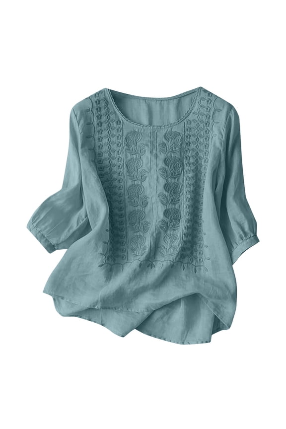 Women Tshirts Summer Fall Floral Embroidered Casual Linen T Shirt Solid Lightweight Breathable Top 3/4 Sleeve Blouses for Women Light Blue L