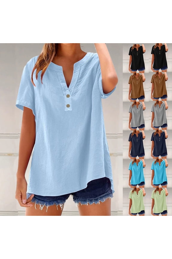 Women Tshirts Trendy Sawvnm Women's Summer Linen Shirt Short Sleeved V-neck Shirt Solid Color Tops Blouse Tank Tops for Women Light Blue M