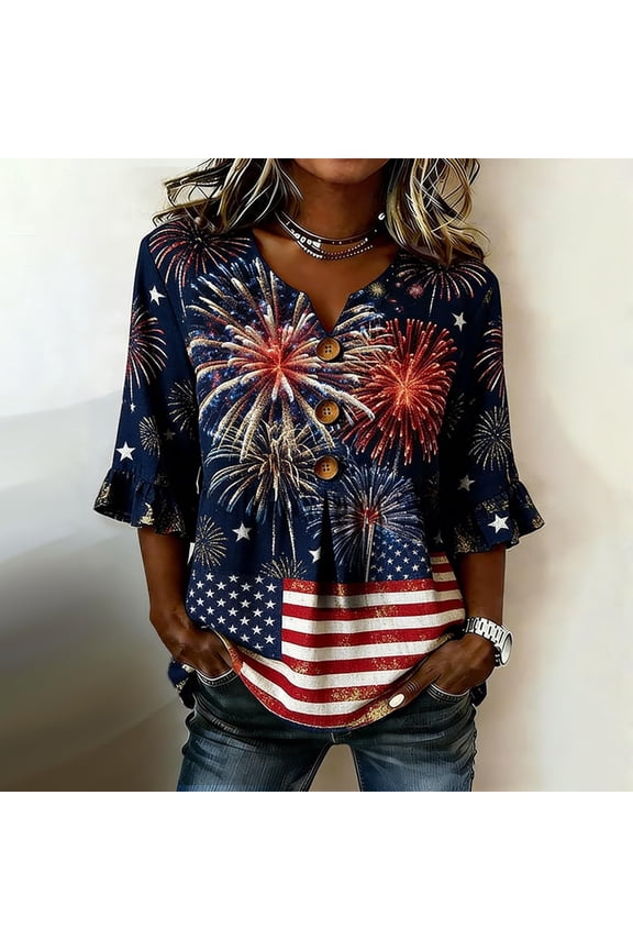 Women Tshirts V Neck Button Front Elbow Length Sleeve Top Patriotic Star Print Womens Blouse Dark Blue L