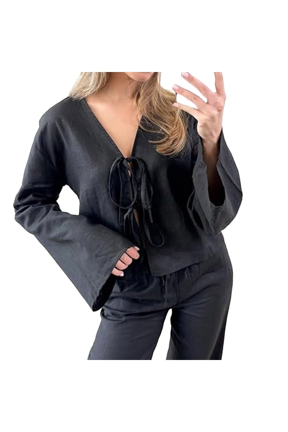 Women Tshirts Women Deep V Puff Sleeve Button Peplum Ruffle Tie Front Top Black L
