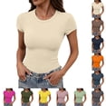 thumbnail image 1 of Women Tshirts Women Summer Tight Fitting Crew Neck Short Sleeve Stretchy Tee Blue L, 1 of 5