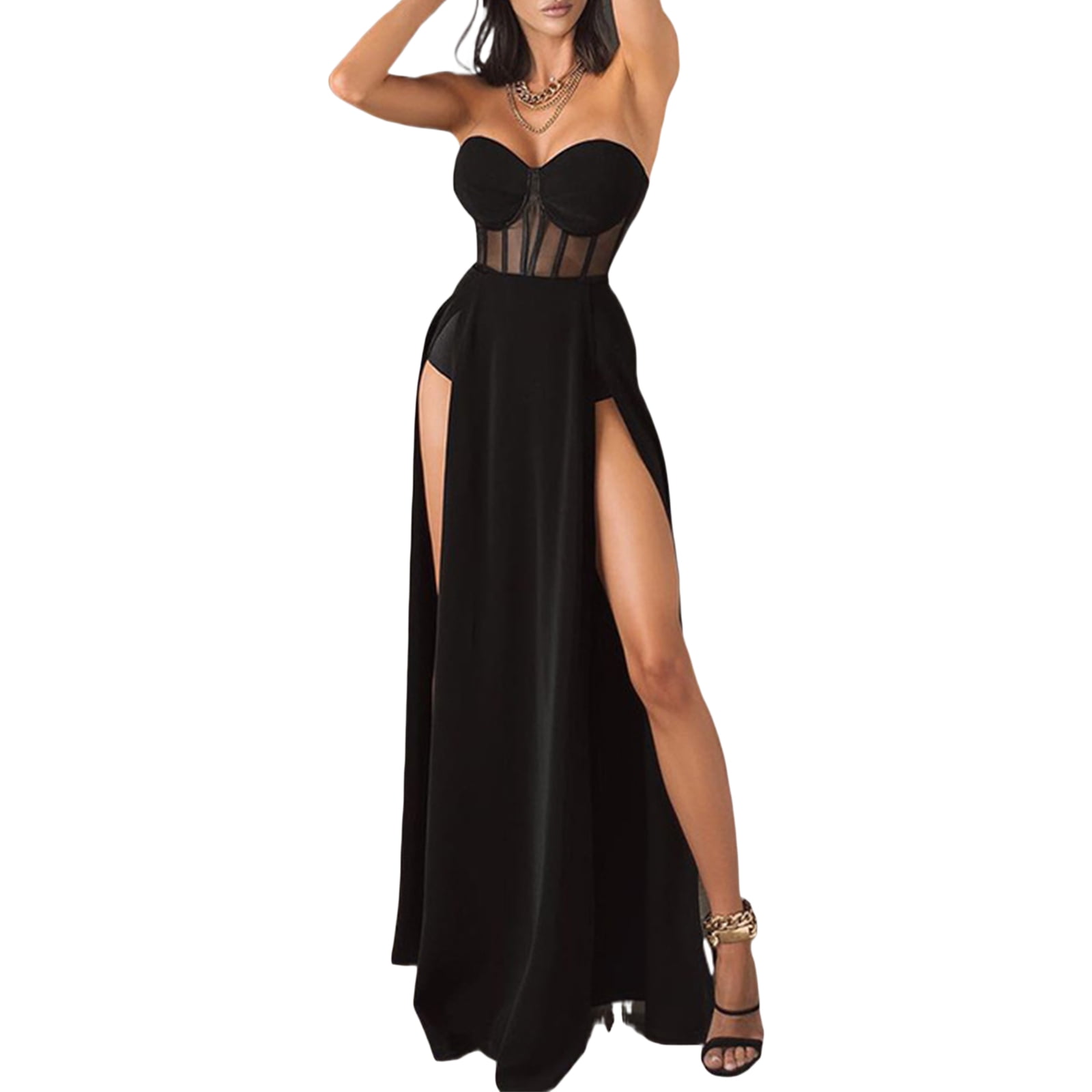 Women Tube Top Dress Sexy Bodysuit Dress High Waist Slit See Through Black  Cocktail Party Gown Long Dress 