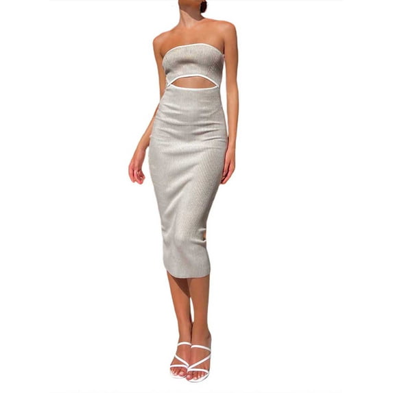 Women Tube Top Dresses Knit Strapless Cut Out Striped Midi Bodycon Dress Summer Backless Fitted Long Beach Dresses