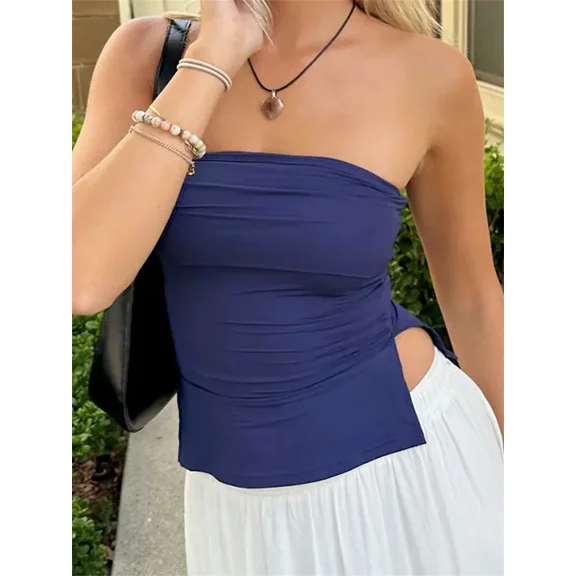 Women Tube Tops Solid Color Strapless Slit Tank Tops Summer  Bandeau Cropped Tops Streetwear 2024 New