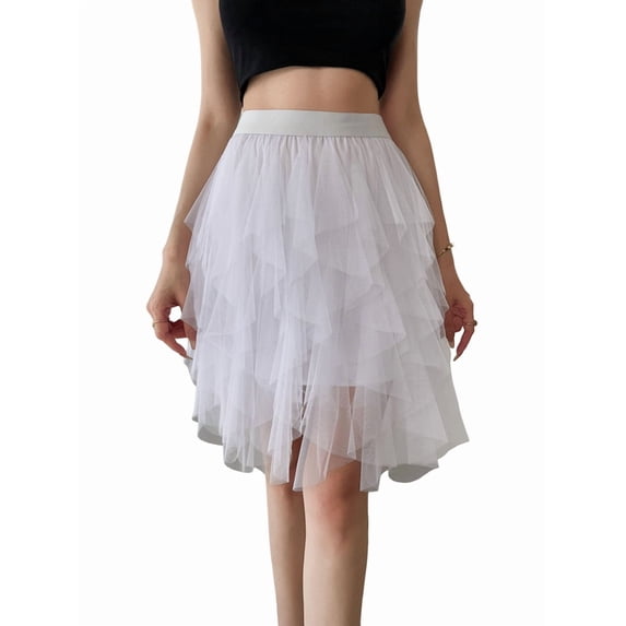 Women Tulle Skirts Midi Long Fairy Skirt Tutu A-Line Mesh Layered High Elastic Waist Skirts White S