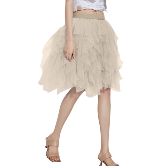 Women Tulle Tutu Mini Skirt Solid Color Elastic High Waist Layered Mesh Fairy A-Line Skirt for Beach Party Streetwear