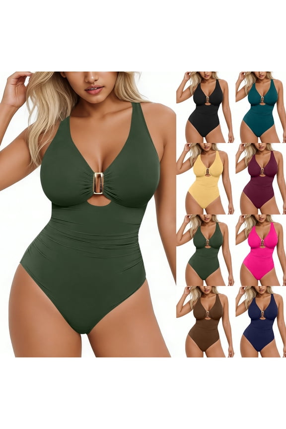 Women Tummy Control One Piece Swimsuit Deep V Neck Design with Metal Rings Bathing Suit for Women Yellow