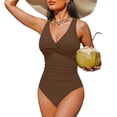 thumbnail image 1 of Women Tummy Control One Piece Swimsuit Ruched V Neck Push Up Bathing Suit Full Coverage Slimming Swimwear Coffee 2XL, 1 of 3