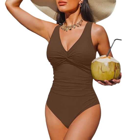 Women Tummy Control One Piece Swimsuit Ruched V Neck Push Up Bathing Suit Full Coverage Slimming Swimwear Coffee 2XL
