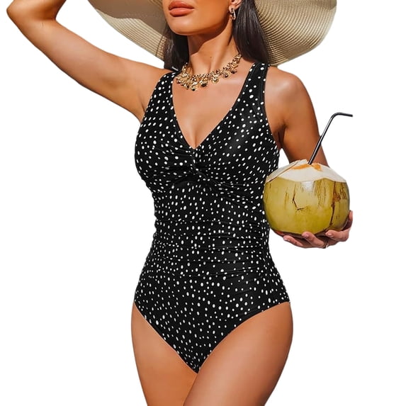 Women Tummy Control One Piece Swimsuit Ruched V Neck Push Up Bathing Suit Full Coverage Slimming Swimwear Cow Pattern XL