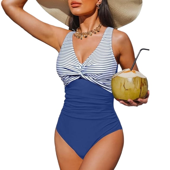 Women Tummy Control One Piece Swimsuit Ruched V Neck Push Up Bathing Suit Full Coverage Slimming Swimwear Sky Blue M