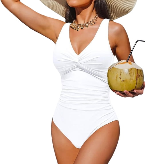 Women Tummy Control One Piece Swimsuit Ruched V Neck Push Up Bathing Suit Full Coverage Slimming Swimwear White XL