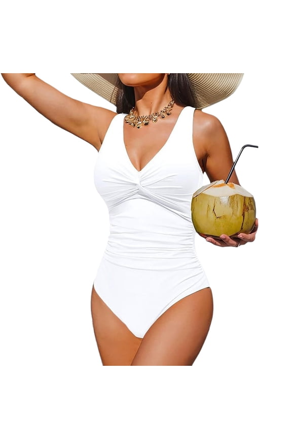 Women Tummy Control One Piece Swimsuit Ruched V Neck Push Up Bathing Suit Full Coverage Slimming Swimwear White XL