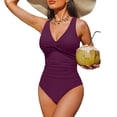 thumbnail image 1 of Women Tummy Control One Piece Swimsuit V Neck Push Up Bathing Suit Full Coverage Slimming Swimwear Wine 2XL, 1 of 3