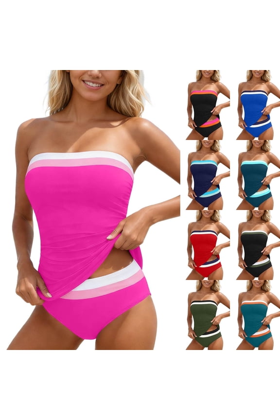 Women Tummy Control One Piece Swimsuits Strapless Bandeau Bathing Suits Slimming Halter Swimwear