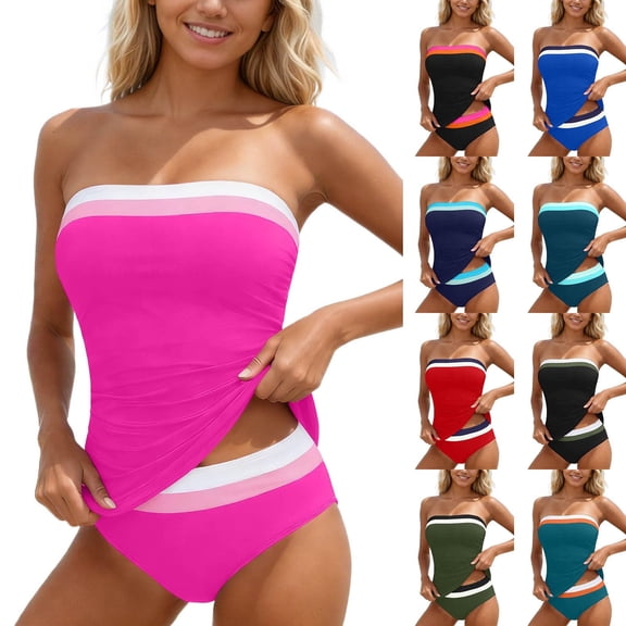Women Tummy Control One Piece Swimsuits Strapless Bandeau Bathing Suits Slimming Halter Swimwear