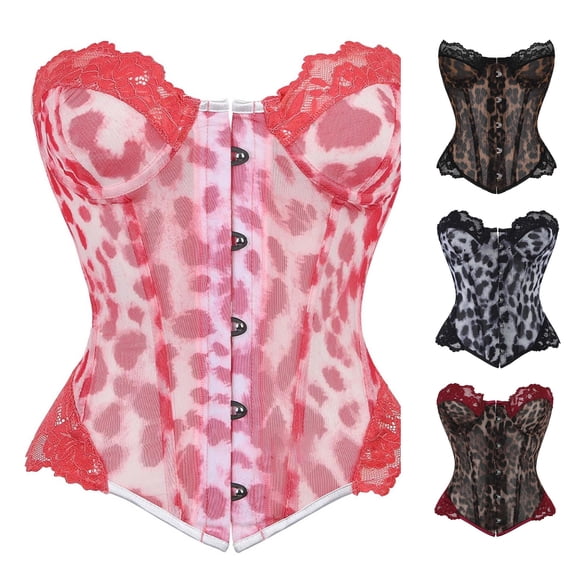 Women Tummy Control Shapewear Leopard Print Mesh Lace Control Shapewear Bodysuit Body Daily Wear Breathable Seamless Underwear Pink,L