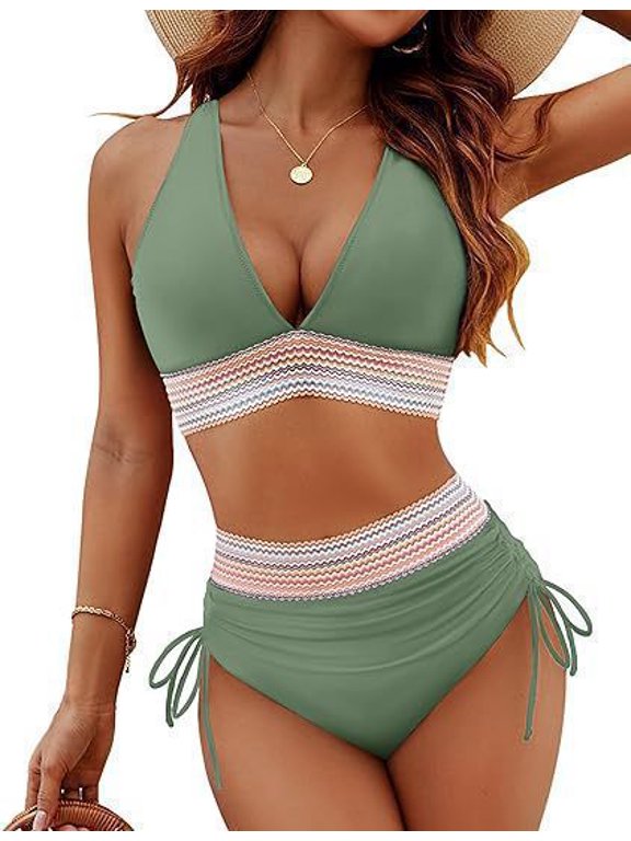 Women Tummy Control Swimsuit Color Block Two‑Piece Drawstring Bathing Suit, V‑Neck Push‑Up Top & High Waist Swim Shorts for Beach Pool Vacation