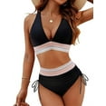 thumbnail image 1 of Women Tummy Control Swimsuits Color Block Two Piece Drawstring Bathing Suit Black XL, 1 of 5