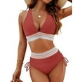 thumbnail image 1 of Women Tummy Control Swimsuits Color Block Two Piece Drawstring Bathing Suit Brick Red S, 1 of 7