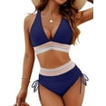 thumbnail image 1 of Women Tummy Control Swimsuits Color Block Two Piece Drawstring Bathing Suit Dark Blue XL, 1 of 7