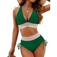 thumbnail image 1 of Women Tummy Control Swimsuits Color Block Two Piece Drawstring Bathing Suit Dark Green XL, 1 of 7