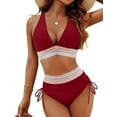 thumbnail image 1 of Women Tummy Control Swimsuits Color Block Two Piece Drawstring Bathing Suit Red S, 1 of 7