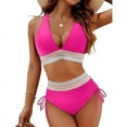 thumbnail image 1 of Women Tummy Control Swimsuits Color Block Two Piece Drawstring Bathing Suit Rose Red L, 1 of 7