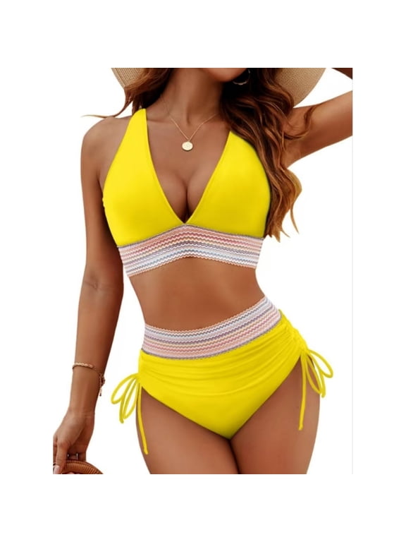 Women Tummy Control Swimsuits Color Block Two Piece Drawstring Bathing Suit