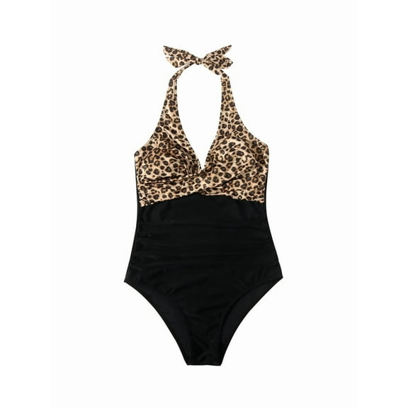 Women Tummy Control  Swimsuits Halter Push Up Bathing Suits Black & Leopard Pattern L