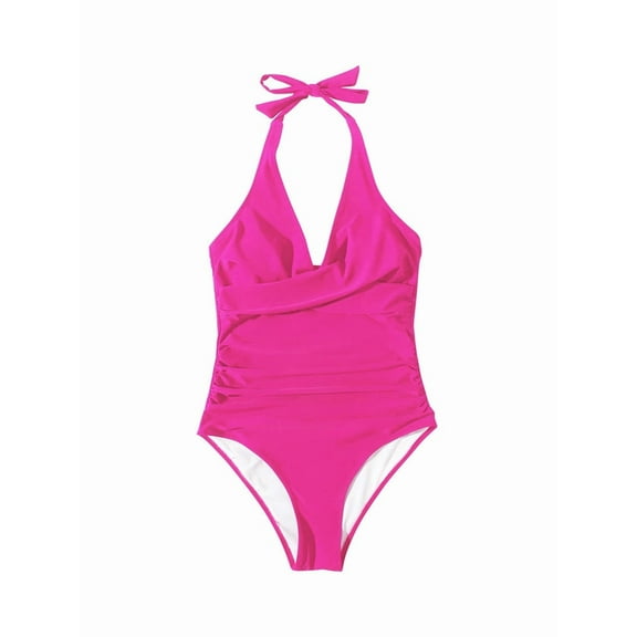 Women Tummy Control  Swimsuits Halter Push Up Bathing Suits Rose Red XL