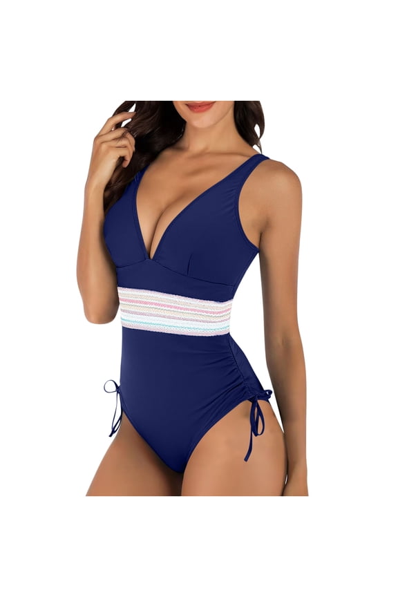 Women Tummy Control Swimsuits One Piece Slimming Modest Bathing Suit Color Block Drawstring Swim Suits
