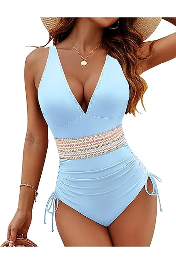 Women Tummy Control Swimsuits One Piece Slimming Modest Bathing Suit Color Block Drawstring Swim Suits
