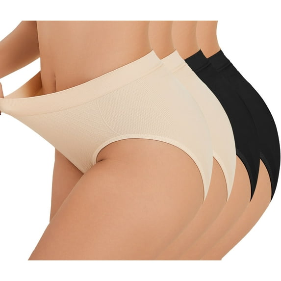 Women High Waisted Underwear Shapewear, Seamless Briefs Full Coverage Ladies Panties 2Black+2Skin 2XL