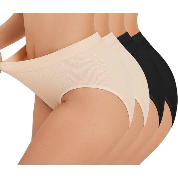 Women High Waisted Underwear Shapewear, Seamless Briefs Full Coverage Ladies Panties 2Black+2Skin S