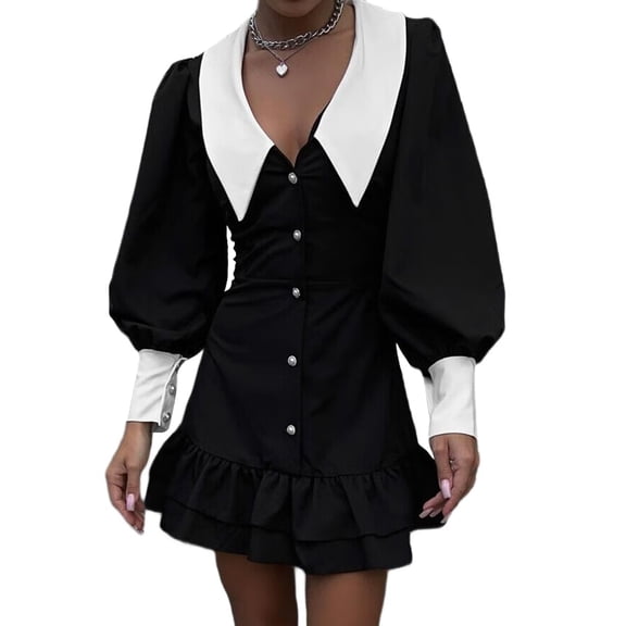 Women Tunic Dress V-Neck Casual Tiered Long Sleeve A-Line Swing Mini Dresses Black L