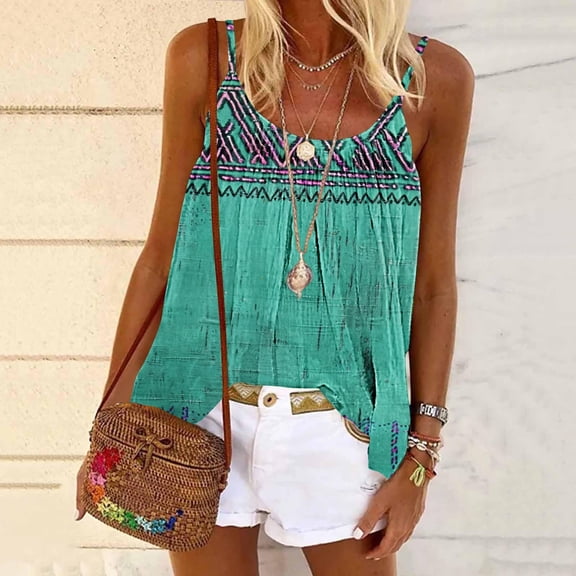 Women Tunic Tanks Crewneck Pullover Tops Spaghetti Strap Pleated Blouses Casual Tunic Tshirts Trendy Vintage Floral Clothing Summer 2025