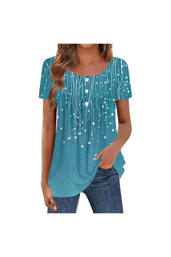 Women Tunic Tops Dressy Casual Summer Short Sleeve Shirts Floral Loose Fit Pleated Boho Tees Tunic Tshirt