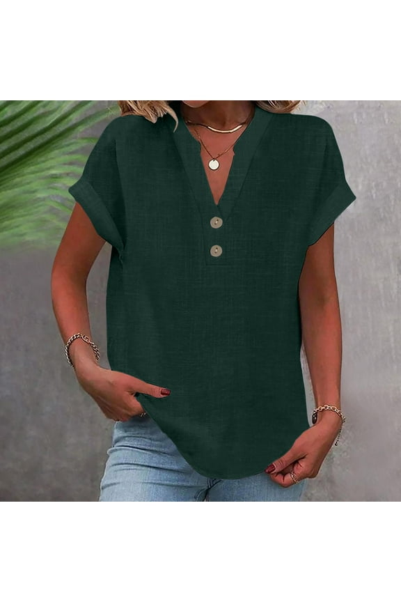 Women Tunic Tops Dressy Casual Summer Short Sleeve Shirts Floral Loose Fit Pleated Boho Top,Women's Fashion Solid Button Shirt Female-Neck Loose T-shirt Blouse Green,XXL