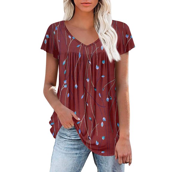 Women Tunic Tops Dressy Floral Printed Short Sleeve V Neck T-Shirts Elegant Pleated Summer Shirts Tops Loose Blouses Casual V Neck Bohemian Blouses
